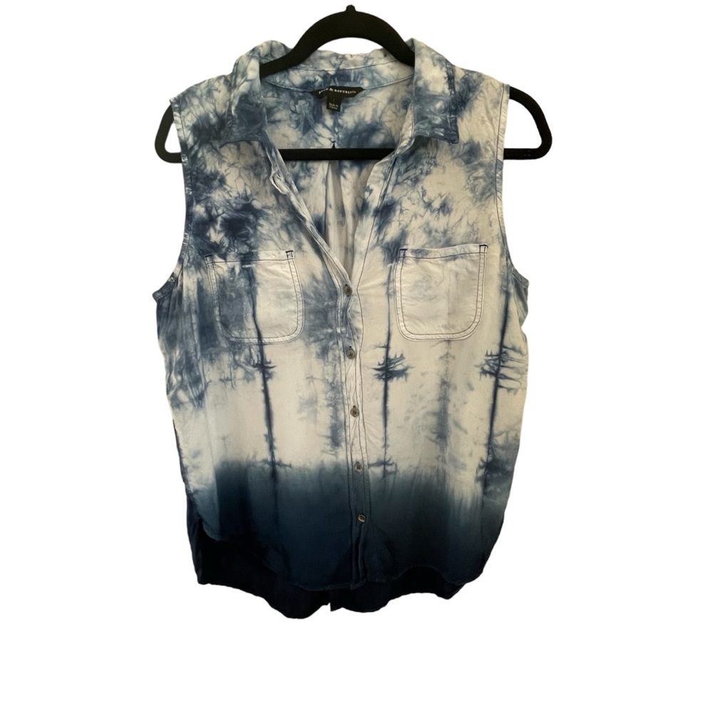 Rock & Republic Sleeveless Button Down Top - Blue Tie-Dye - L